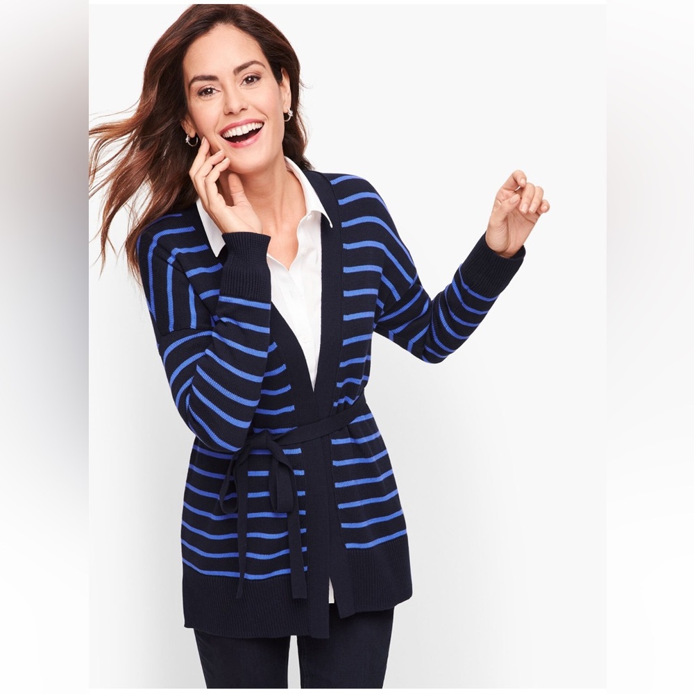 Talbots STRIPE BELTED CARDIGAN, Blue Stripped, Size 1X, NWT